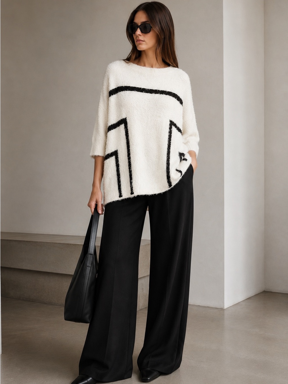 Elizabeth and James Textured Mohair Blend Geometric Sweater – XS/S | Ivory